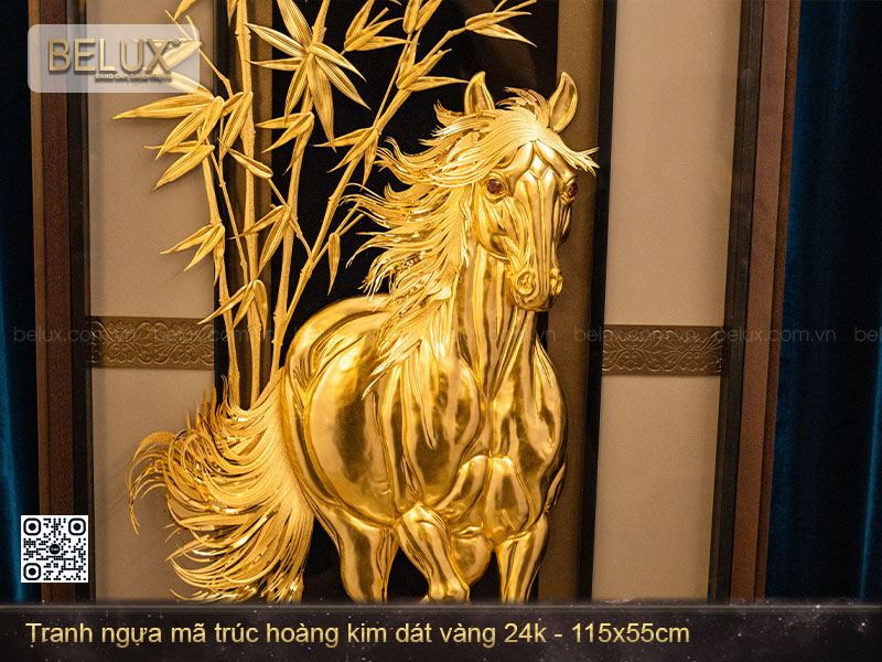 Tranh Ngựa Mã Trúc Hoàng Kim dát vàng 24k 115x55cm